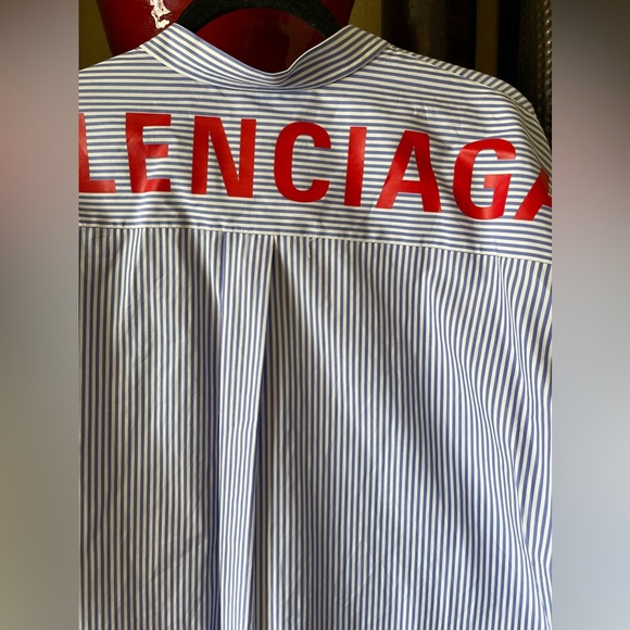 Balenciaga Blue and White Tie Front Oversized Logo Shirt - Picture 8 of 8